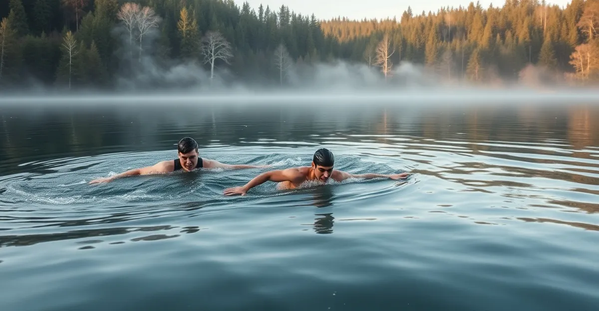 Swimrun athletes swimming across a clear Brandenburg lake surrounded by dense pine forest near Rheinsberg