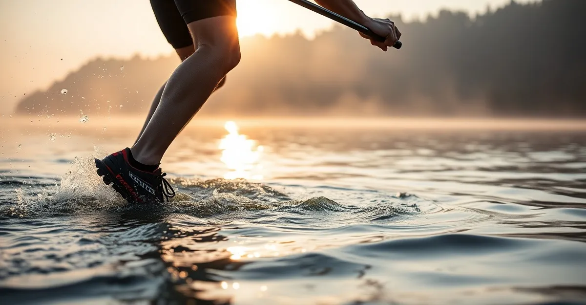 Swimrun athlete training in open water with trail shoes and hand paddles