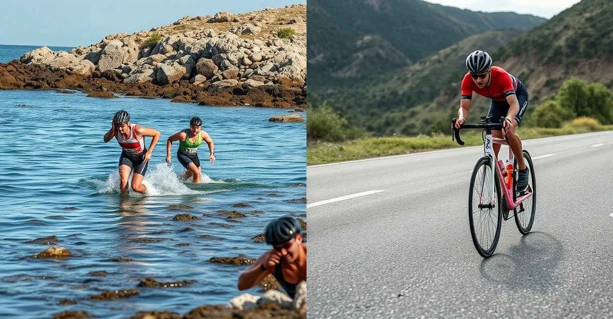 Split image of a swimrun team emerging from water and a triathlete in transition