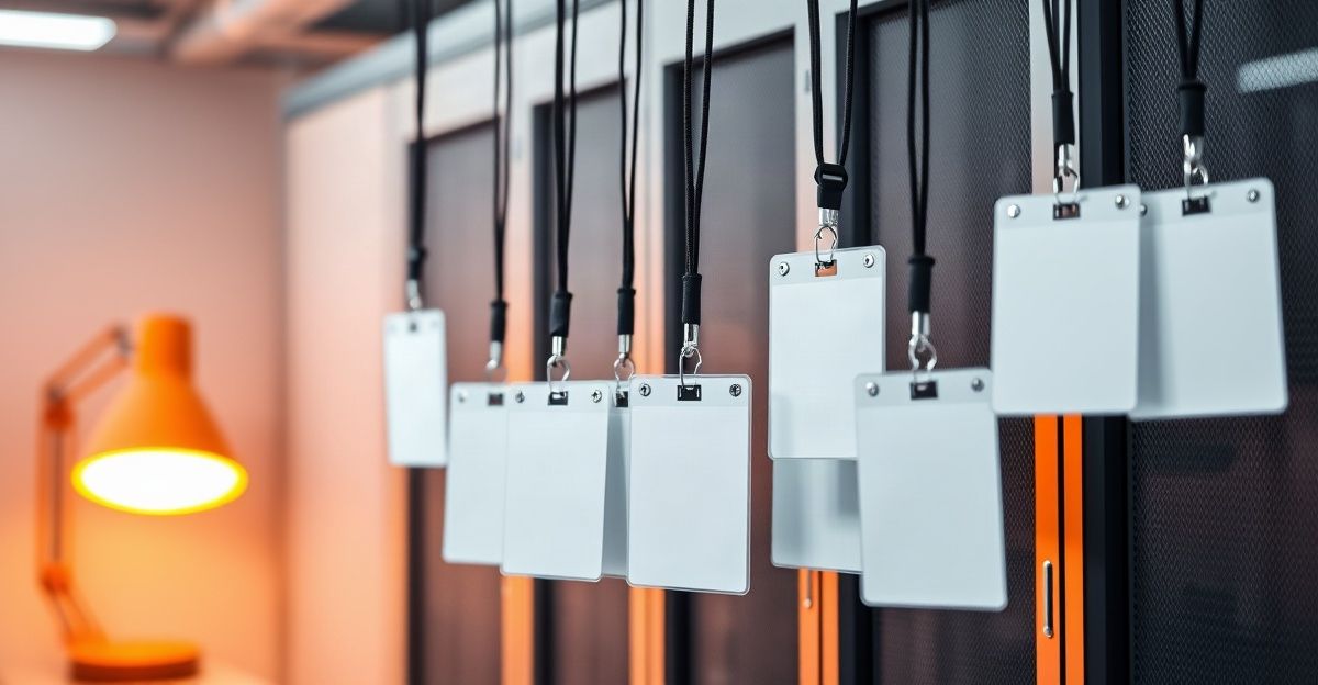 Blank access badges on lanyards hanging beside server racks, lit by an orange desk lamp