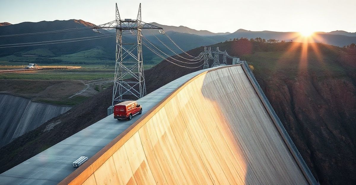 A concrete dam crest at sunrise with transmission towers carrying power lines across the valley