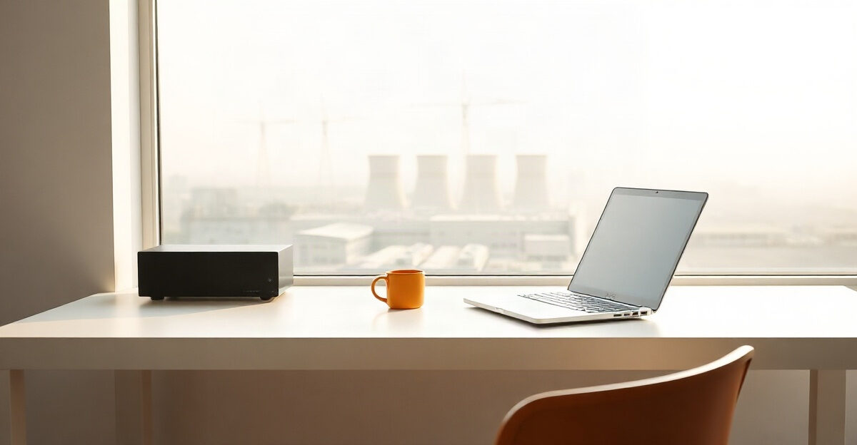 A bright desk with a laptop, a small server box and an orange mug, with cooling towers visible through the window