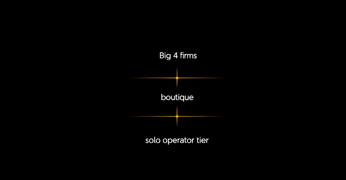 Diagrammatic comparison of AI consulting firm tiers — Big 4, boutiques, solo operators — black canvas with single orange-glow accent.