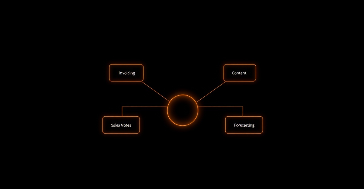 Architectural diagram of a small-business AI footprint — invoicing, support triage, content drafting — black canvas with single orange-glow accent.
