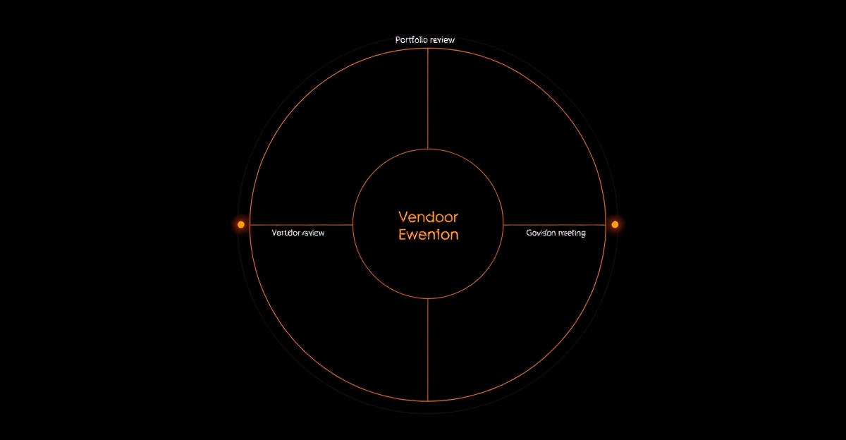 Diagrammatic layout of an AI consultant's working week — portfolio review, vendor call, governance edit — black canvas with single orange-glow accent.
