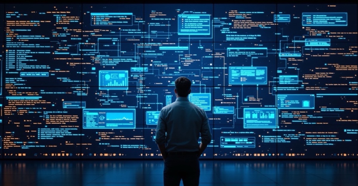 A technology leader standing before a wall of interconnected dashboards, data flows and application windows, representing the emerging AI operating layer