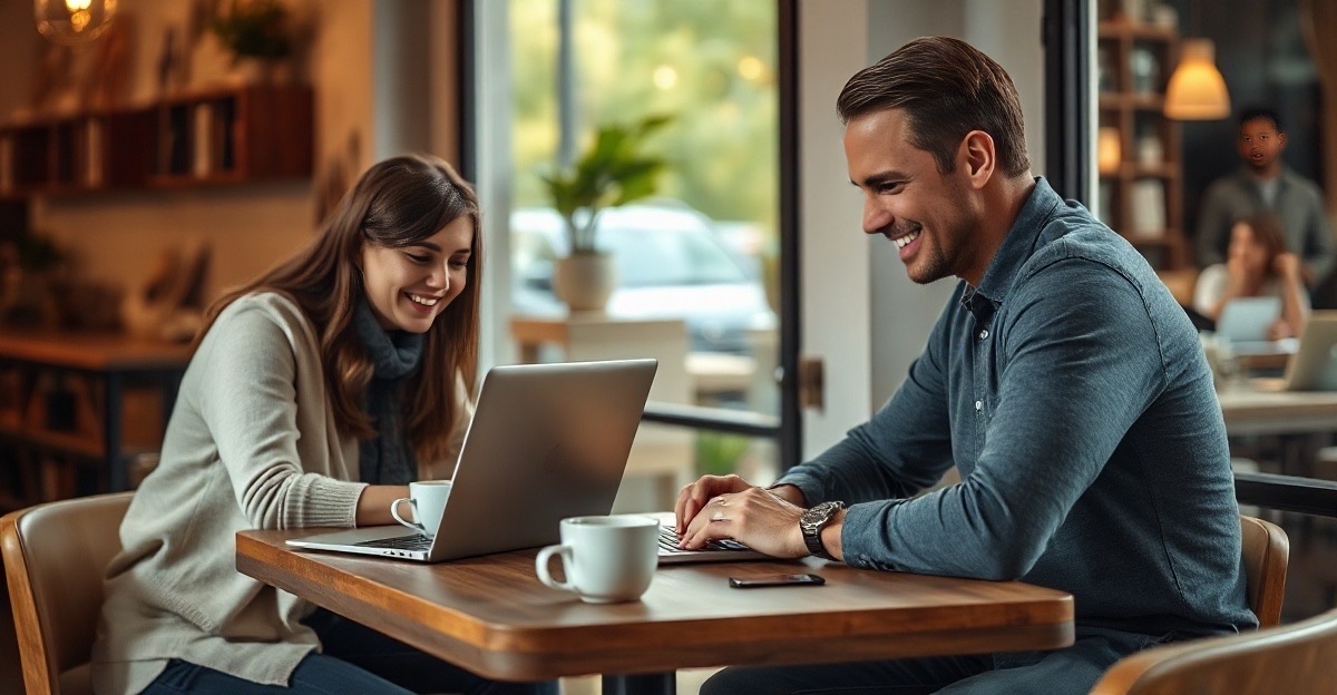 Thomas Prommer and a new team member working together on laptops at a Saigon coffee shop