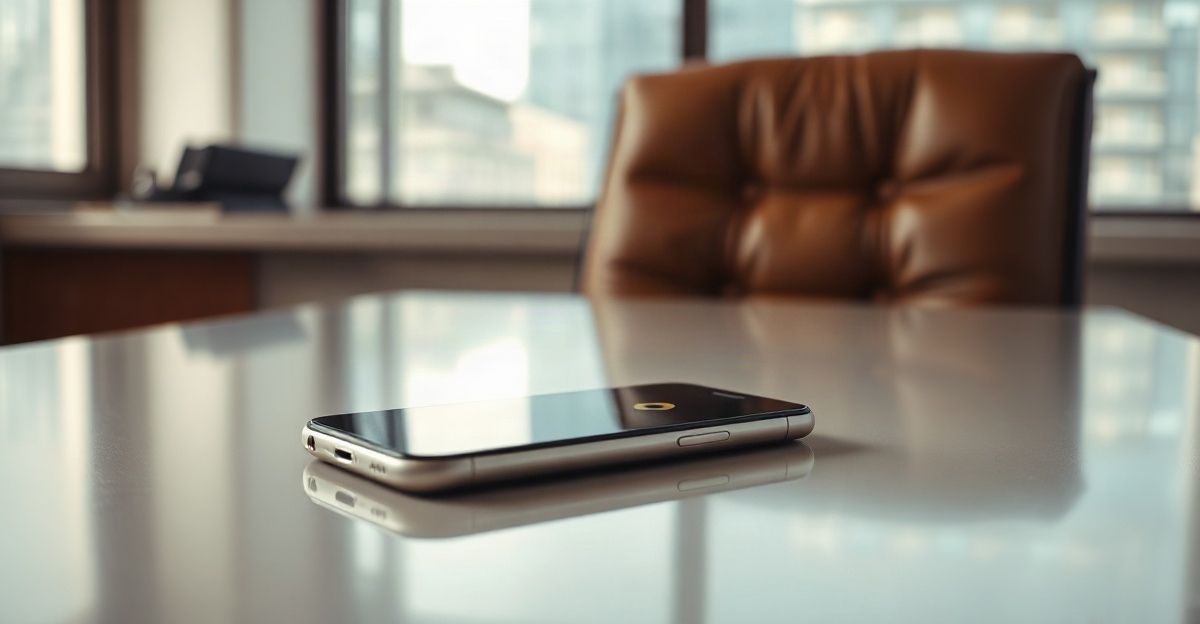 A smartphone lying on a polished boardroom table in front of an empty leather chair