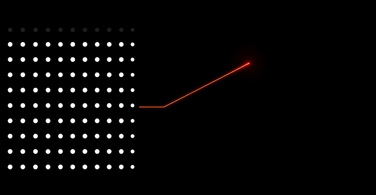A uniform grid of identical nodes beside one divergent luminous branching path on a near-black background, contrasting commodity throughput with human creativity