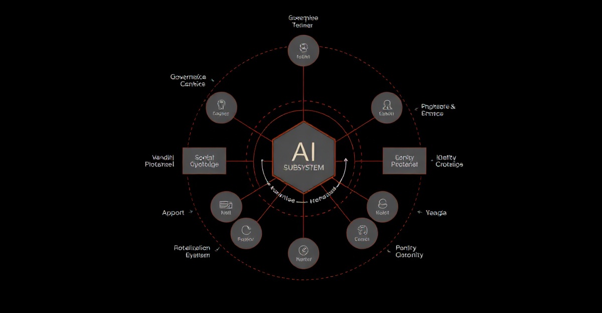 Architectural diagram of an enterprise IT estate with AI subsystems woven into governance, vendor, and identity layers — pure black with single orange-glow accent