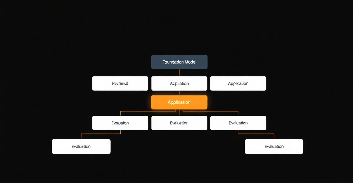 Architectural diagram of an AI-native product stack — foundation model layer, retrieval layer, application layer, evaluation pipeline — in pure black with single orange-glow accent