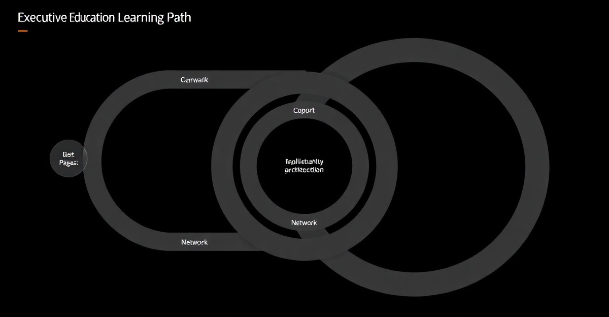 Architectural diagram of an executive education learning path — coursework, cohort, network, signaling — in pure black with single orange-glow accent