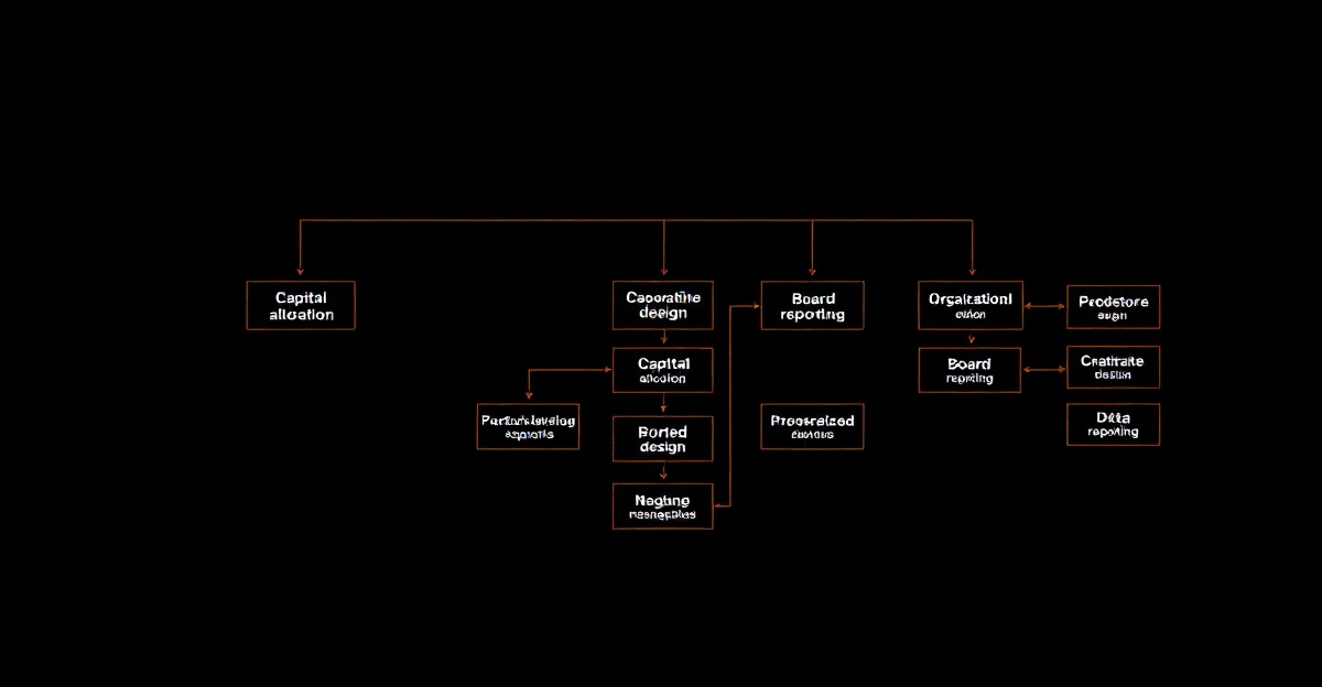 Architectural diagram of a technology executive operating model — capital allocation, org design, and board reporting flows in pure black with single orange-glow accent