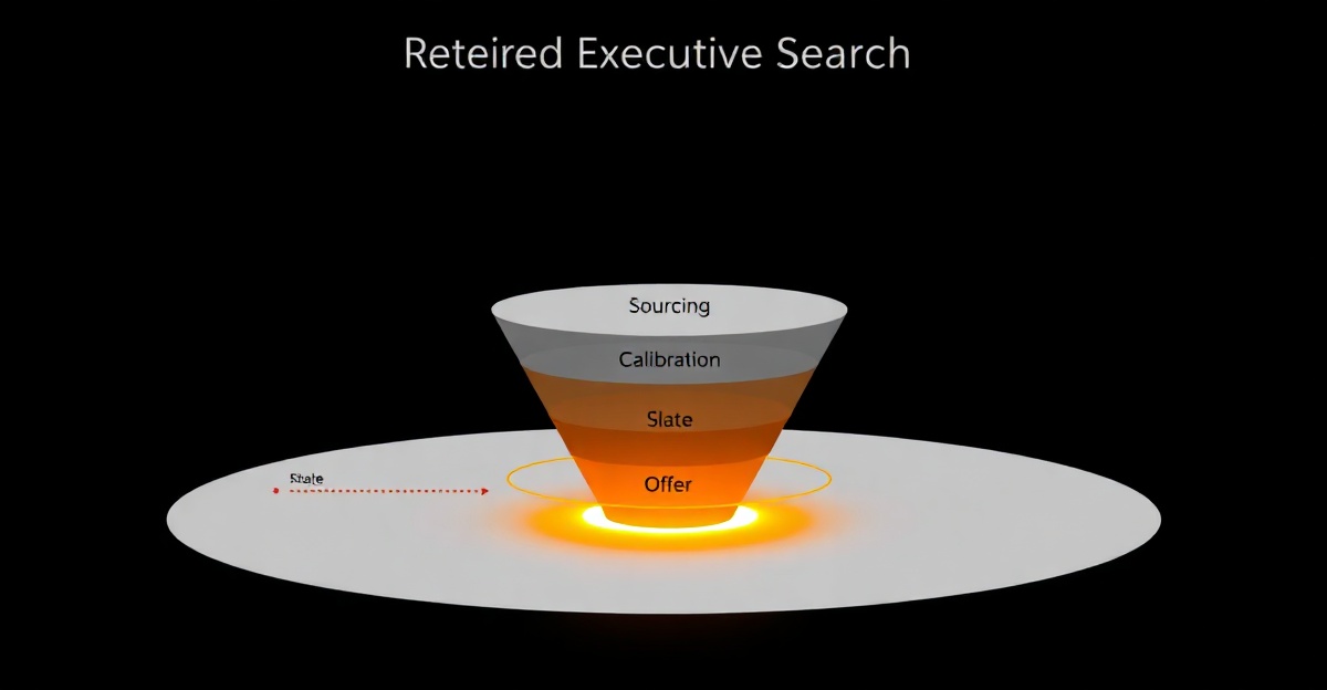 Architectural diagram of a retained executive search funnel — sourcing, calibration, slate, interview rounds, offer — in pure black with single orange-glow accent