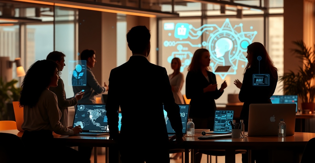 Engineering team collaborating with AI dashboards and code displays in modern office