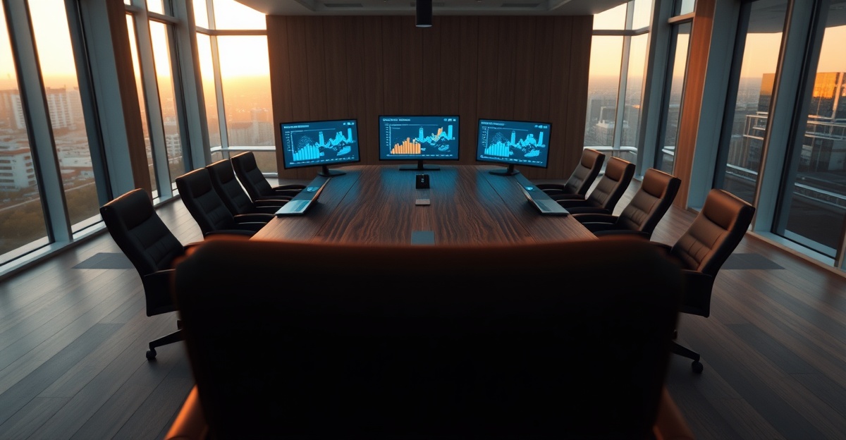 AI strategy executive reviewing model deployment dashboards and enterprise AI roadmap in boardroom