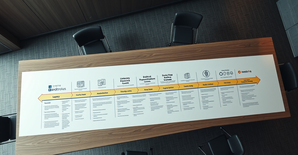 Enterprise digital transformation roadmap displayed on a boardroom wall, layered phases from legacy assessment to digital-native operations