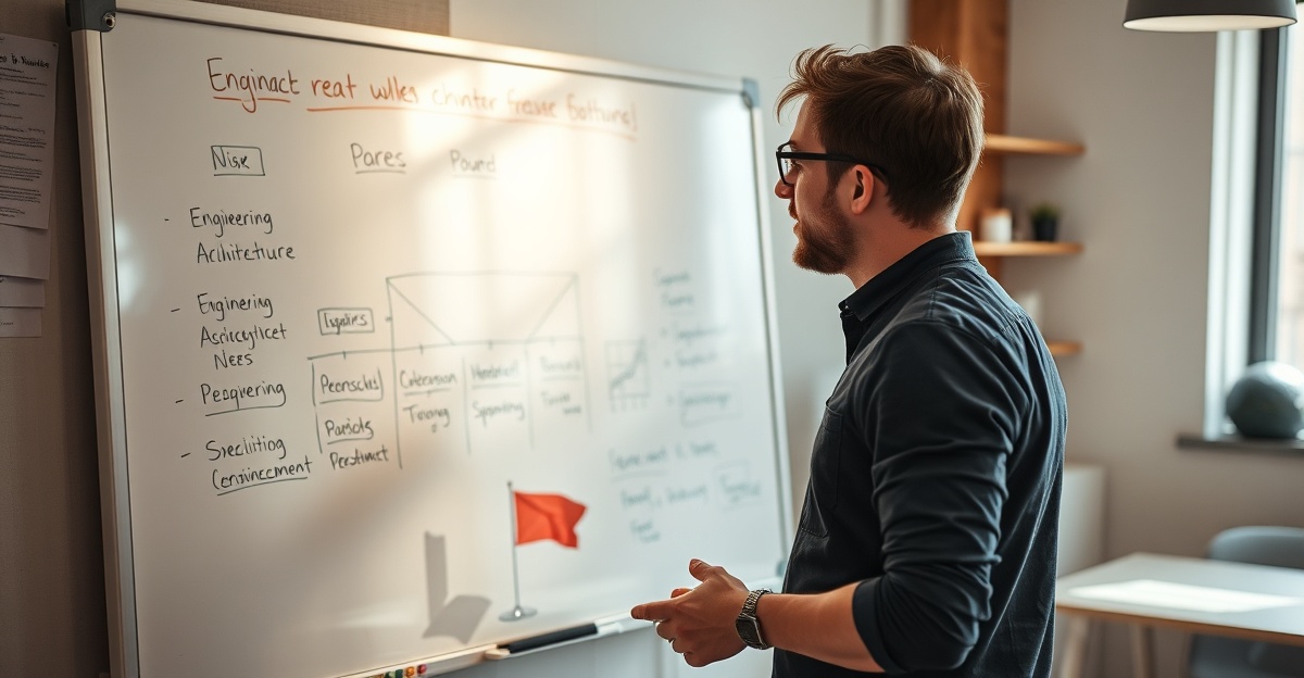 Founder and fractional CTO in a strategy session at a startup office whiteboard