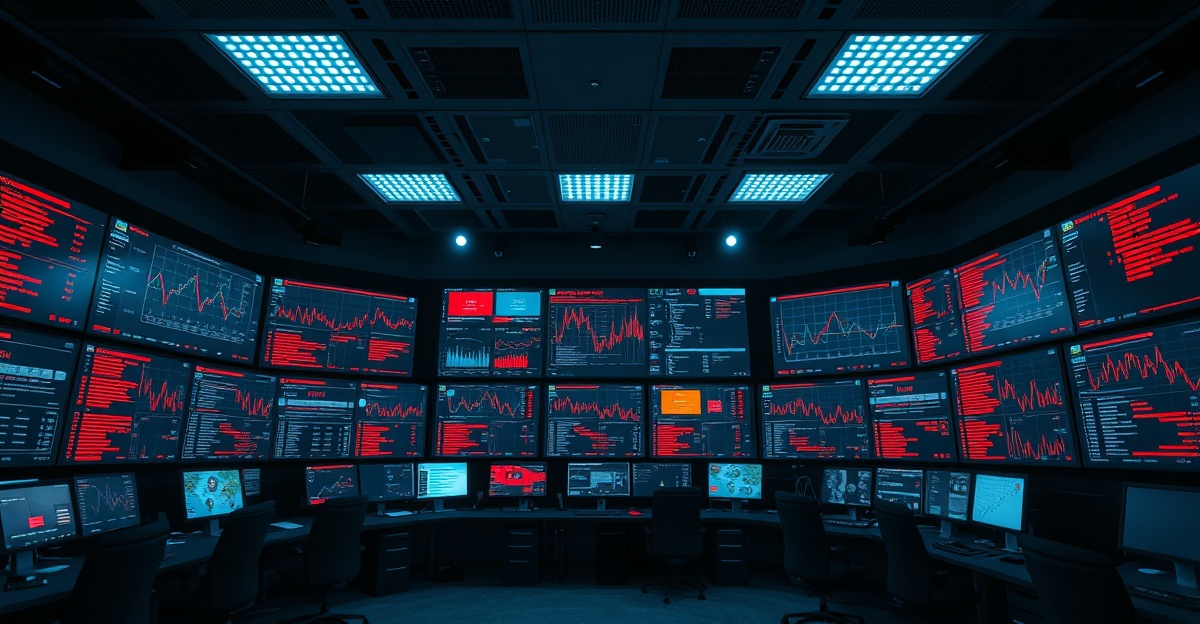 Operations center with incident timelines and market trend charts on wall displays