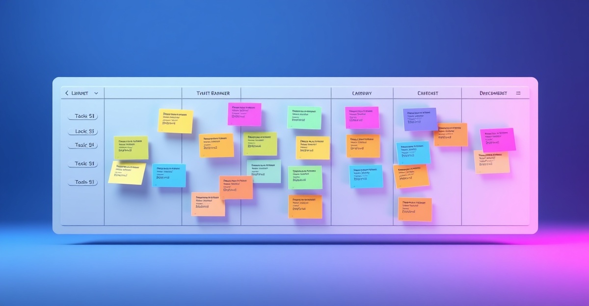 Product manager workspace with kanban boards and project dashboards on multiple screens