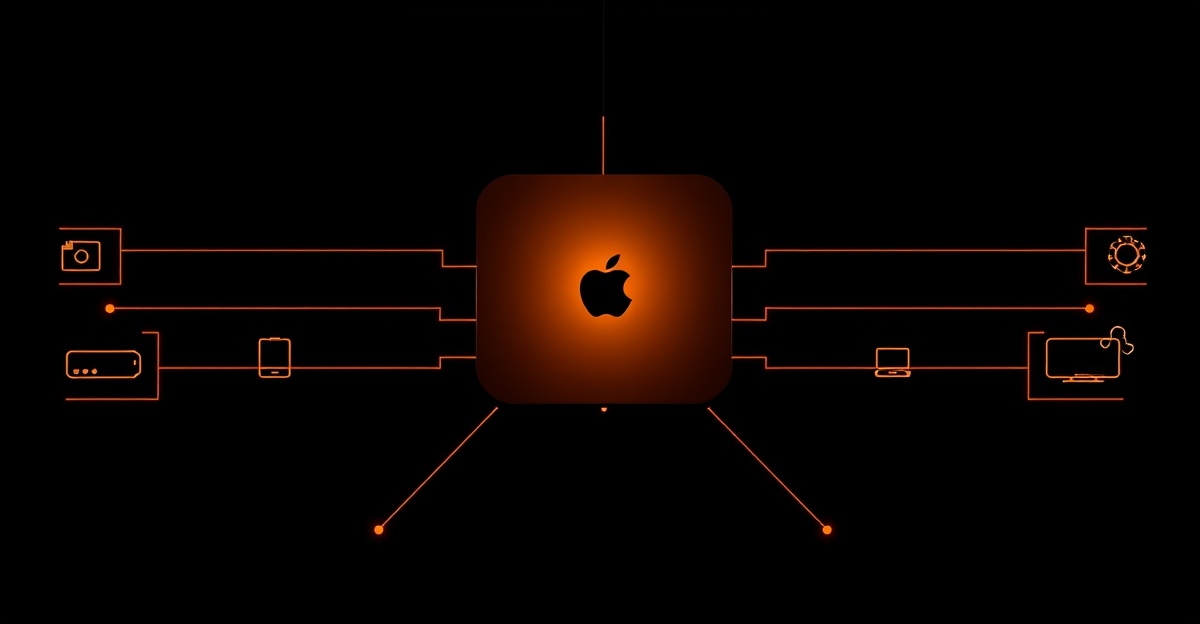 Mac Mini viewed from above with glowing connection lines representing an AI agent network hub