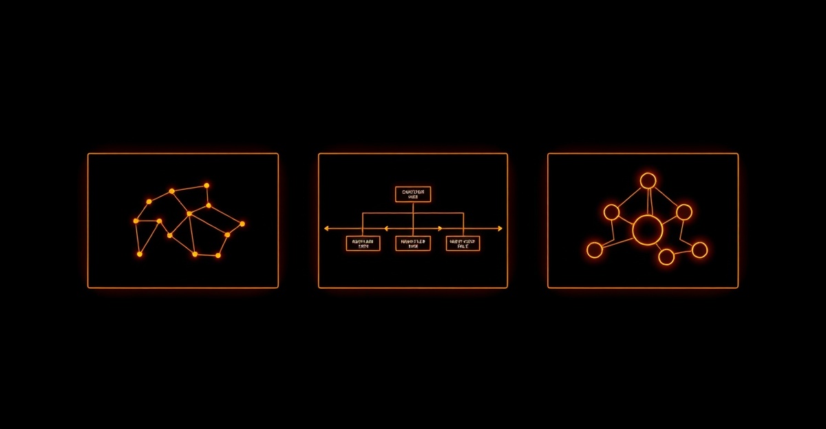 Three connected agent orchestration patterns illustrated as architectural diagrams