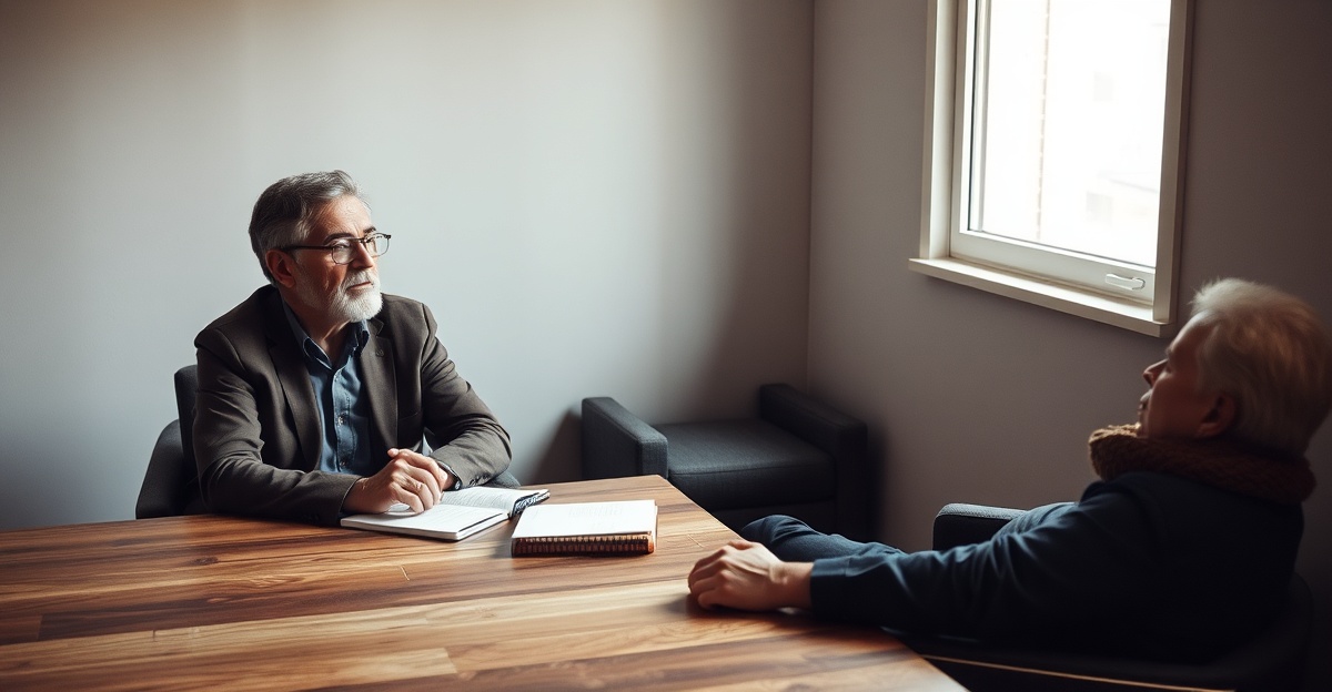 Technology executive in reflective conversation with a coach, session notes between them, editorial portrait lighting