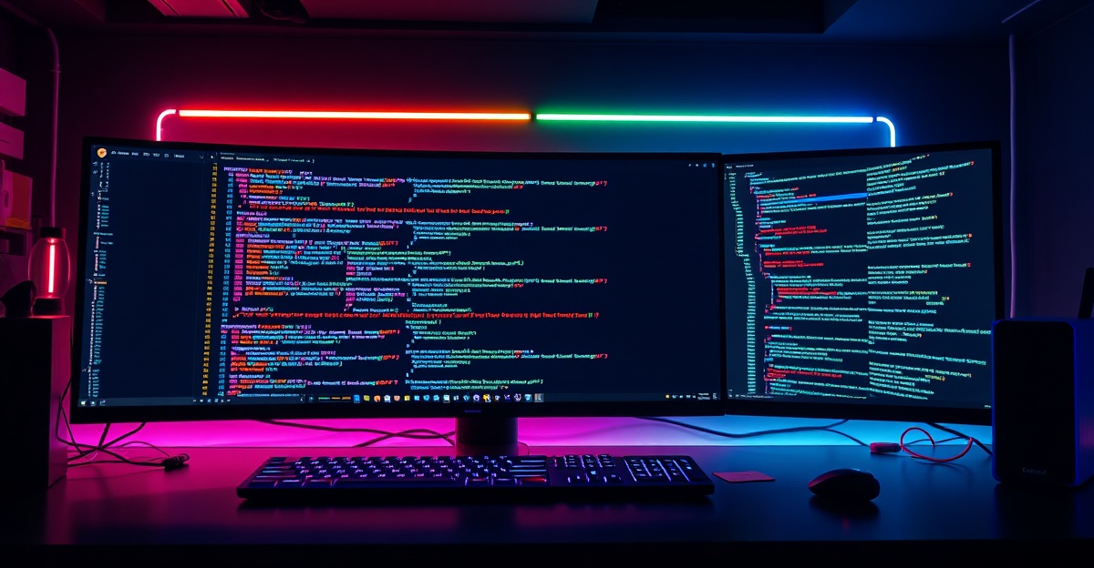 Developer coding with AI assistance using natural language prompts in creative workspace