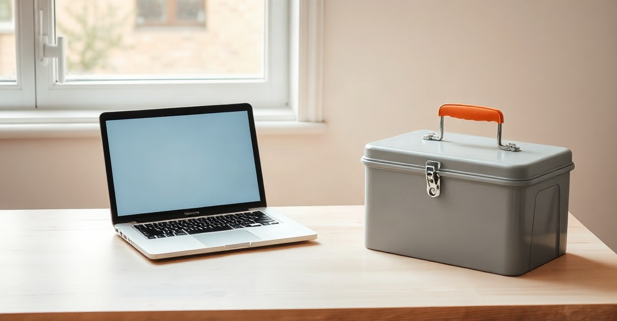 A bright desk with a laptop and a small closed toolbox beside it, with one orange handle
