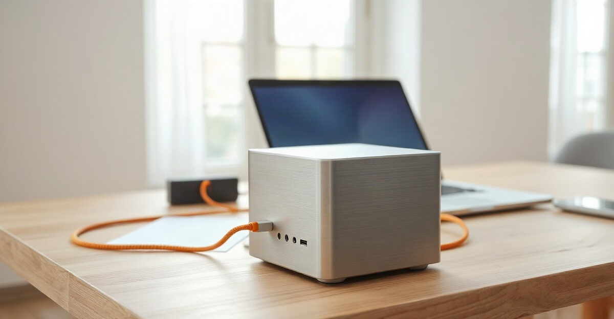 A small aluminium desktop computer on a bright cream desk beside a laptop, with one orange cable