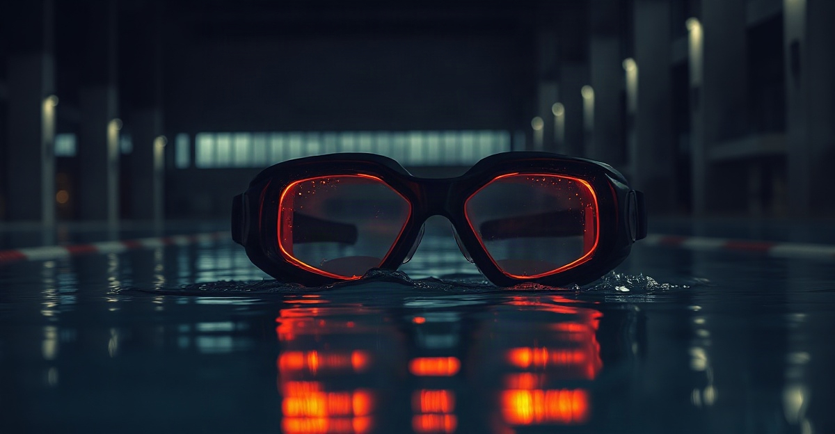 Minimal illustration of swimming goggles with a small illuminated data display